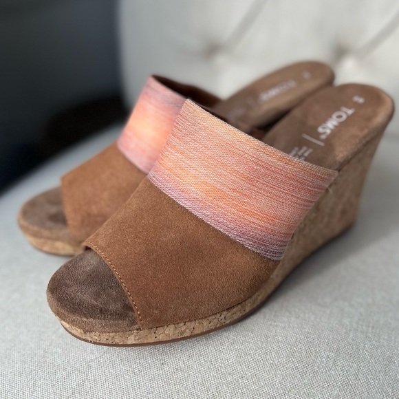 Toms Monica Tan Peach Ombra Women's US 8  Cork Wedge Platform Heel Shoes Sandals - Picture 5 of 16